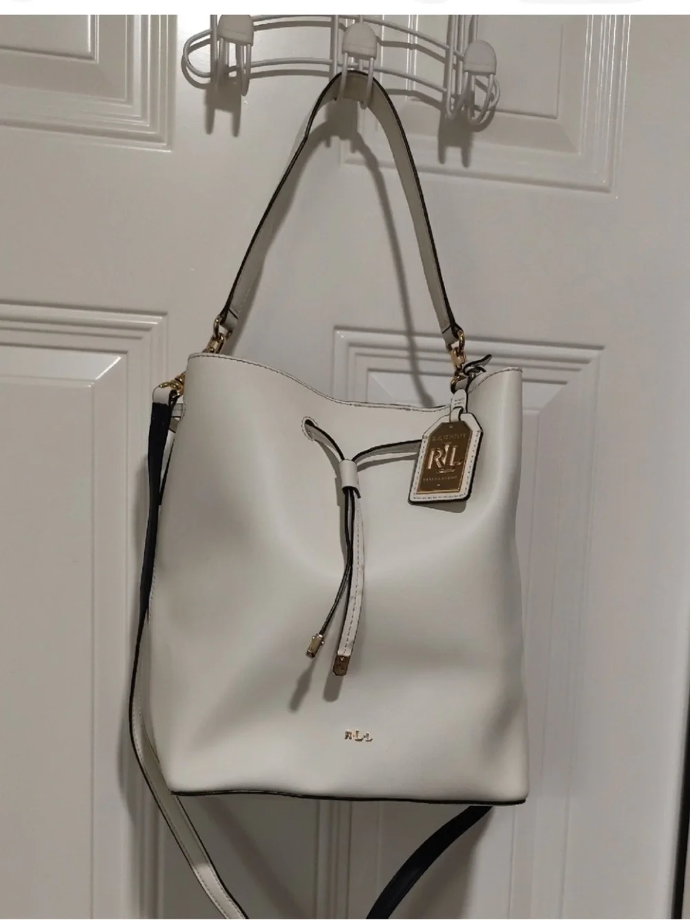 Lauren Ralph Lauren Cream Drawstring Bucket Shoulder Bag with Gold Hardware